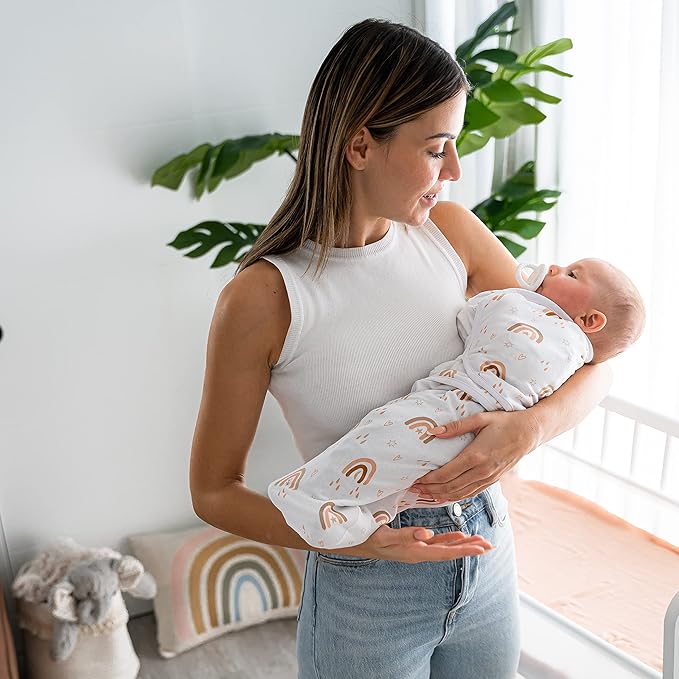 Comfy Cubs Easy Swaddle Blanket, 3 Pack - 100% Cotton Newborn Wrap, Small for 0-3 Months Infants, with Adjustable Velcro, Breathable and Durable Sleep Sack for Babies - Rainbow Bohemian