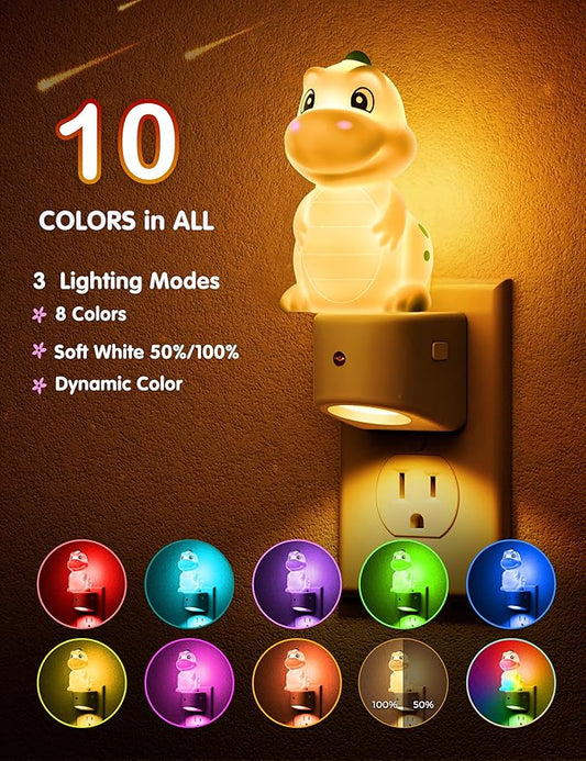 L LOHAS LED Night Light for Kids, 3D Dinosaur Night Light Plug in, Dusk to Dawn Nursery Night Lights, RGB+Soft White 3000K, 3 Lighting Modes, Room Decor, Children