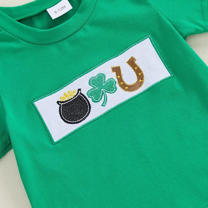 Baby Boy St Patricks Day Outfit Clover Embroidery Short Sleeve T-shirt Tops Shorts Set Toddler Spring Summer Clothes