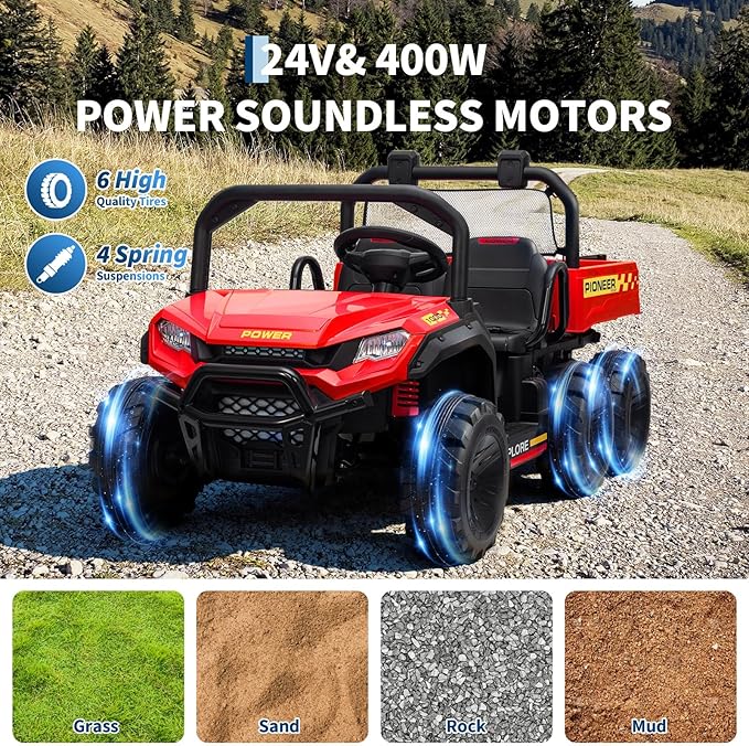 24V 4WD Electric Ride-on Dump Truck for Kids, 2-Seater with Parental Remote Control, 3 Speeds, All-Terrain Off-Road Toy Car for Boys Girls, Red
