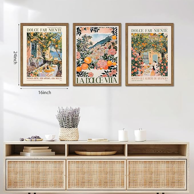 Framed Italian Scenery Wall Art Set of 3, Amalfi Coast Kitchen Wall Art, Vintage City Landscape Canvas Print, Trendy Italian Food Pictures Artwork for Living Room Dining Room – 16x24 inch