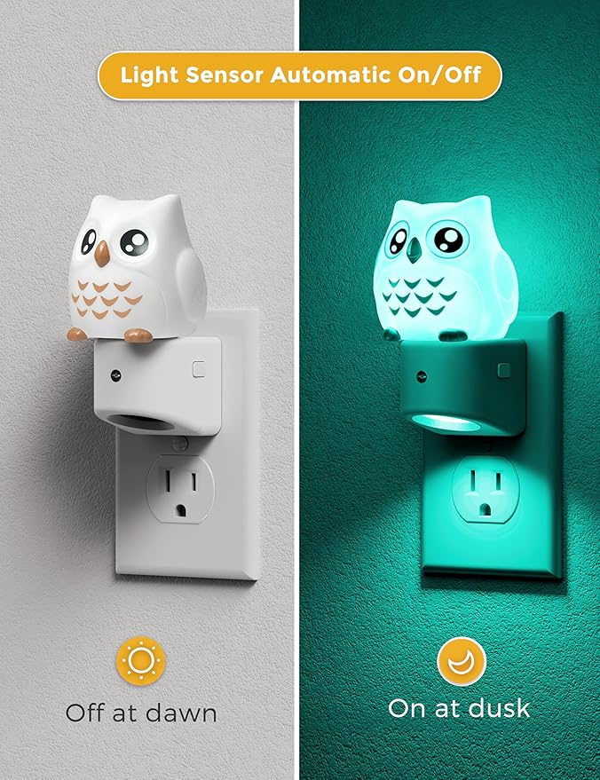 L LOHAS LED Night Light for Kids, 3D Owl Night Light Plug in, Dusk to Dawn Nursery Night Lights, RGB+Soft White 3000K, 3 Lighting Modes, Room Decor, Children