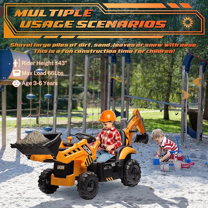 24V Excavator Ride on Toy, Licensed JCB 3CX Electric Backhoe Loader Car for Kids, Ride on Digger, Bulldozer & Construction Vehicles w/Remote Control, Bluetooth Music, Moving Parts, Adjustable Seat