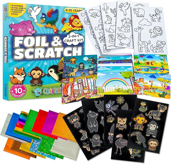 Craftikit ® Award-Winning Foil Art & Rainbow Scratch Art for Kids - 2-in-1 Arts and Crafts Kit for Kids Ages 4-10 - Animal Theme for Girls, Boys & Toddlers Ages 4, 5, 6, 7, 8, 9, 10