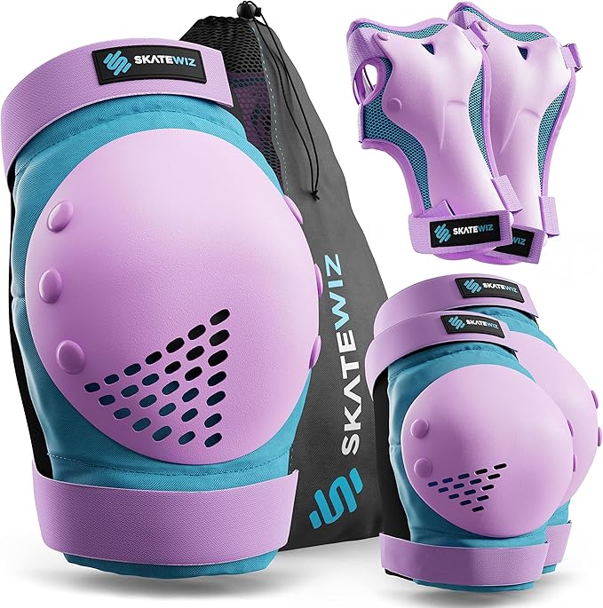 SKATEWIZ Skateboard Pads Protective Gear Set for Kids and Adults - Smash - Roller Skate Pads [6pc] with Wrist Guards - Skating Protective Gear - Roller Derby