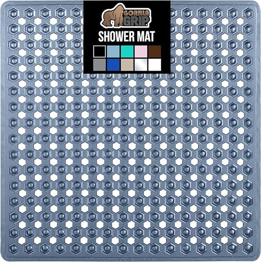GORILLA GRIP Patented Square Shower Stall Mat, Small Bathtub Floor Mats for Stand Up Showers, Suction Cups and Drainage Holes, Machine Wash, Soft on Feet, Bathroom Accessories 21x21 Inch, Navy Blue