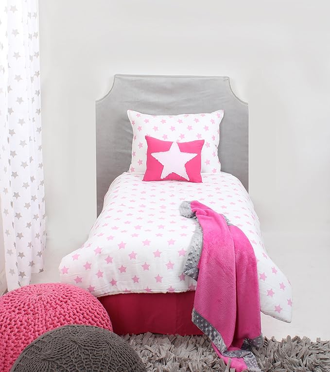 Bacati - Muslin Ikat Stars 4 Piece Girls Toddler Bedding Set 100 Percent Cotton Includes Reversible Comforter, Fitted Sheet, Top Sheet, and Pillow Case (4 pc Toddler Bedding Set, Pink Stars)