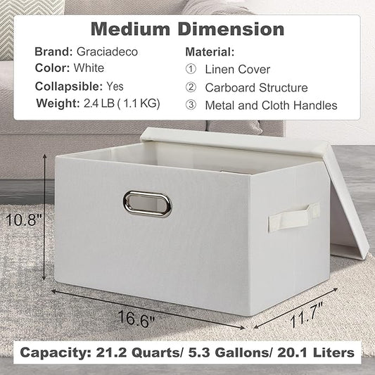 Graciadeco Medium 15" 21 Quart Collapsible Stackable Storage Bins with Lids, 5 Packs White Foldable Fabric Closet Storage Boxes with Lids, Lidded Heavy-duty Linen Baskets(15x11x8)