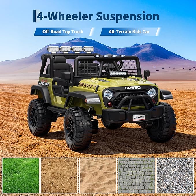 24V 2-Seater Kids Electric Truck with Parent Remote Control, 100Min Ride-on Car, 4WD Dual Motor, 2 Speeds, Spring Shock Absorber, LED Headlights, Siblings Gift Kids Electric Vehicle, Green