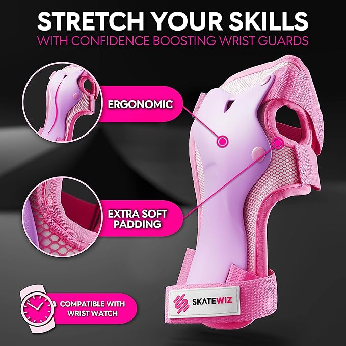 SKATEWIZ Skateboard Pads Protective Gear Set for Kids and Adults - Smash - Roller Skate Pads [6pc] with Wrist Guards - Skating Protective Gear - Roller Derby