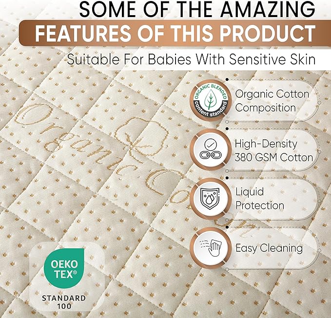 Crib Luxury Quilted Organic Mattress Protector Pad - Certified Organic Cotton, Waterproof Skin-Friendly Breathable Mattress Cover - Premium 380 GSM Comfort - Jersey Cotton Skirt
