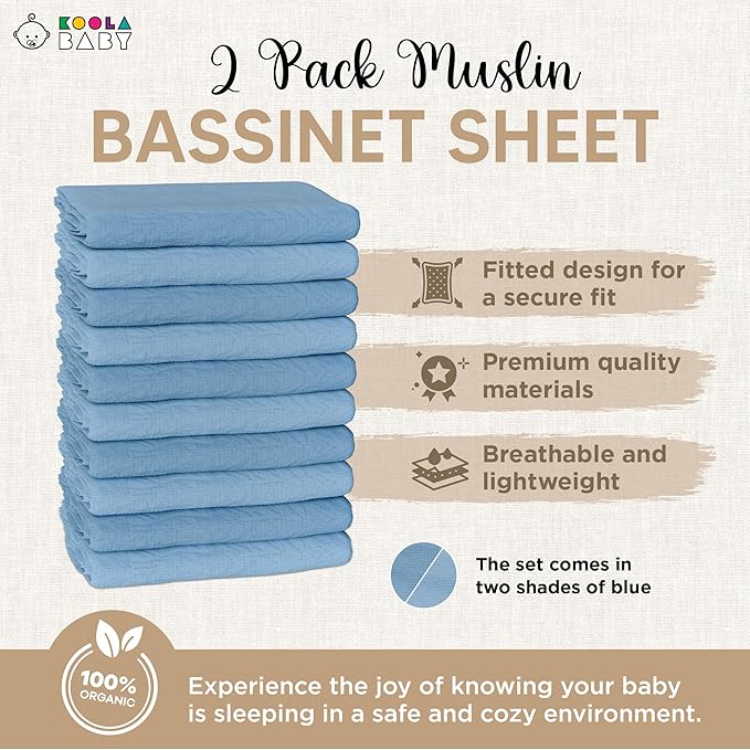 Bassinet Sheet for Bassinet Mattress - 100% Organic Muslin Cotton - Snuggly Soft & Cozy Sheets Fitted for Maxi COSI Iora, Angelbliss, Baby Joy, & Kids Club Bedside Sleeper - 2 Pack