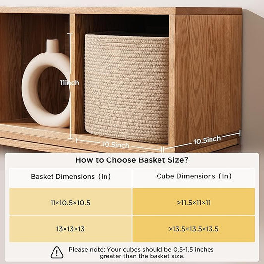 joybest 11inch Cube Storage Bins Set of 4, Cotton Rope Woven Organizer Basket for Shelves, Cube Bin Square Shelves Organizer Closet Storage, Nursery, Toy Organization, Brown