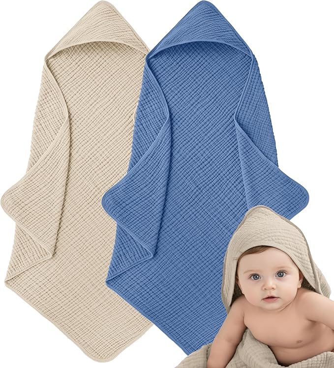 Muslin Hooded Baby Towels for Newborns, 32"x32", 100% Cotton – 6 Layers Super Soft Absorbent Breathable, Baby Bath Towel, Toddler Bath Towel – Pack of 2