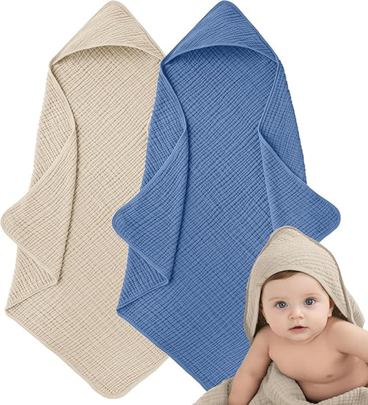 Muslin Hooded Baby Towels for Newborns, 32"x32", 100% Cotton – 6 Layers Super Soft Absorbent Breathable, Baby Bath Towel, Toddler Bath Towel – Pack of 2