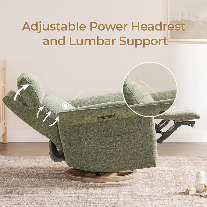 CHITA Power Recliner Chair, Electric Triple-Motor Swivel Glider Nursery Rocking Chair with Adjustable Power Headrest and Lumbar Support, Solid Wood Base, Forest Green