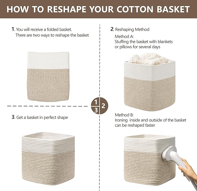 joybest 13x13x13inch Cube Storage Bins Set of 4, Cotton Rope Woven Organizer Basket for Shelves, Cube Bin Square Shelves Organizer Closet Storage, Nursery, Toy Organization, Brown&White