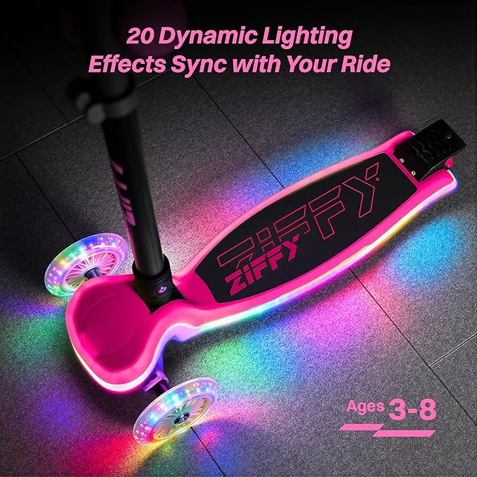 ZIFFY 3-Wheel Light-Up Toddler Scooter for Kids 3-8, Kids Scooter for Boys Girls with 20 Dynamic LED Lights, 4 Adjustable Height Balance Kick Scooter 110LBS, Lean-to-Steer Anti-Slip Wide Deck by JOVA