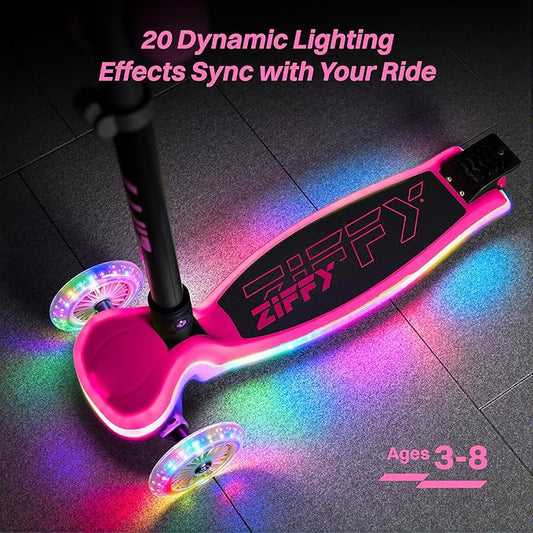 ZIFFY 3-Wheel Light-Up Toddler Scooter for Kids 3-8, Kids Scooter for Boys Girls with 20 Dynamic LED Lights, 4 Adjustable Height Balance Kick Scooter 110LBS, Lean-to-Steer Anti-Slip Wide Deck by JOVA
