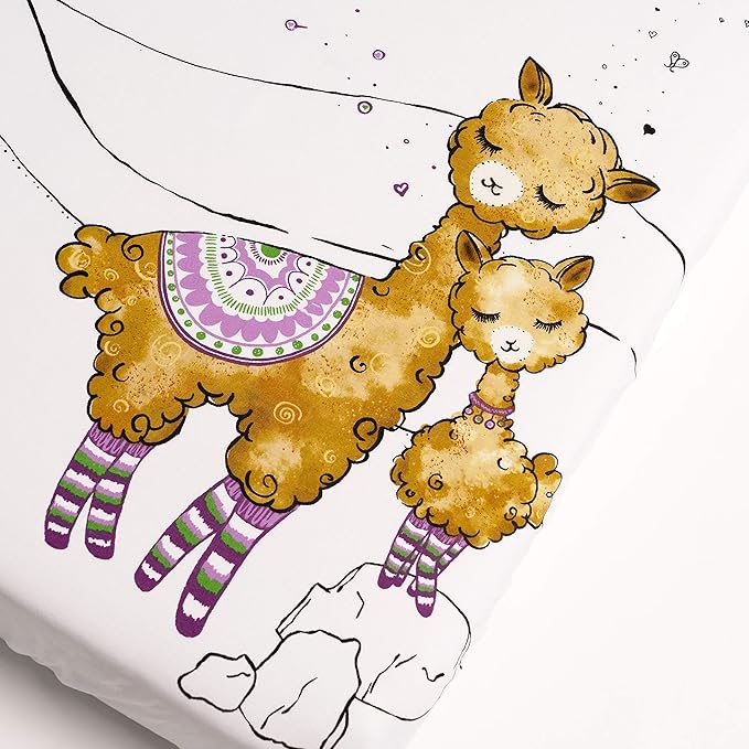 JumpOff Jo - Fitted Mini Crib Sheet for Portable Crib, Playard, and Playpen Mattresses and Mats, Soft 100% Cotton, 24 in. x 38 in. - Llama and Mama