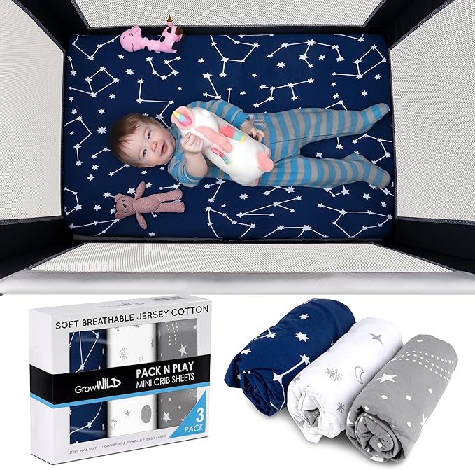 GROW WILD Pack n Play, Mini Crib Sheets 3-Pack | Soft Jersey Sheet Set for Boys or Girls | Playard Mattress, Pack and Play Sheets Fitted | Portable Bassinet Sheet - Stars & Moon Nursery Bedding