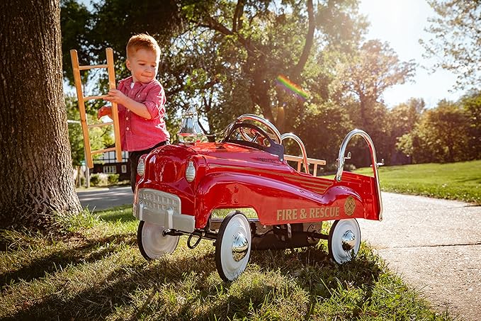 Kid Trax Fire Truck Pedal Car for Toddlers, Ages 3-5, Easy Assembly, Durable Steel, Indoor/Outdoor Ride-On, 60lbs Max, Classic Style, Functional Steering, Red, Kids Fire Truck Ride-On, Vintage