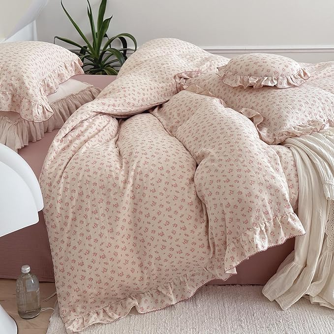 BuLuTu Pink Floral Duvet Cover Full Bedding Duvet Covers for Girls Kids Teens Soft Breathable Cotton Comforter Cover 79"x90" Shabby Chic Ruffles Quilt Cover, No Duvet/Comforter
