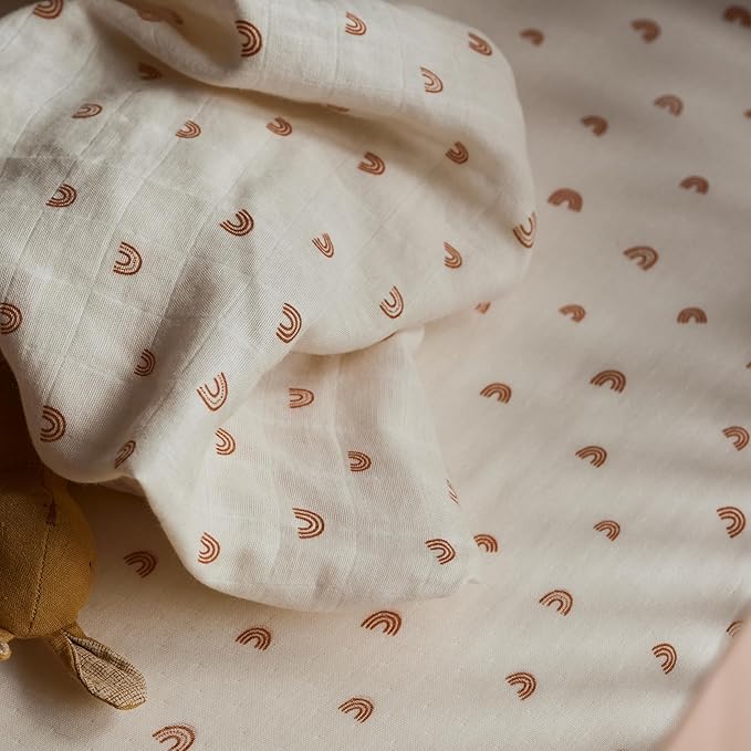 Crib Sheets – Organic Cotton Muslin Fitted Crib Sheet – Standard Size for Baby Boy and Baby Girl 28" x 52" Ultra-Soft and Breathable. (Rainbows)