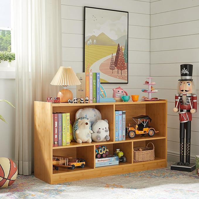 Onirw Kids Toy Storage Organizer, 5-Section Storage Cabinet for Organizing Books Toys, Wooden Bookshelf Daycare Furniture for School, Classroom Playroom, Nursery, Kindergarten (Natural)