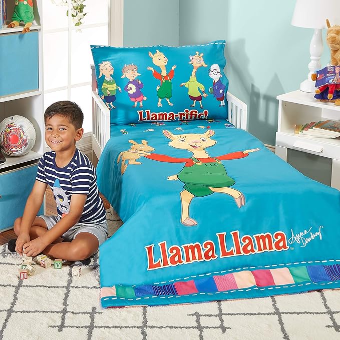 EVERYDAY KIDS Llama Llama 4 Pc Toddler Bedding Set with Comforter, Flat Sheet, Fitted Sheet and Pillowcase Bright Blue Toddler Bed Set Features Llama Llama and Friends