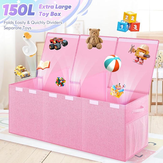Mabahoo Extra Large Toy Box, Toybox for Kids Boys Girls, Collapsible Sturdy Toy Storage Organizer with Mesh Pockets, 40"x14"x16" Kids Storage Boxes Bins Baskets for Nursery, Playroom, Pink