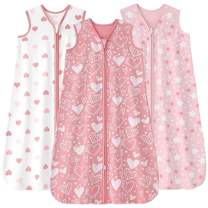 Baby Sleep Sack 12-18 months, 100% Cotton Sleeping Sack for Newborn and Infant, 3 Pack Baby Wearable Blanket for Boy and Girl, 0.5 Tog Lightweight Double Zipper Sleep Bag Pink Heart