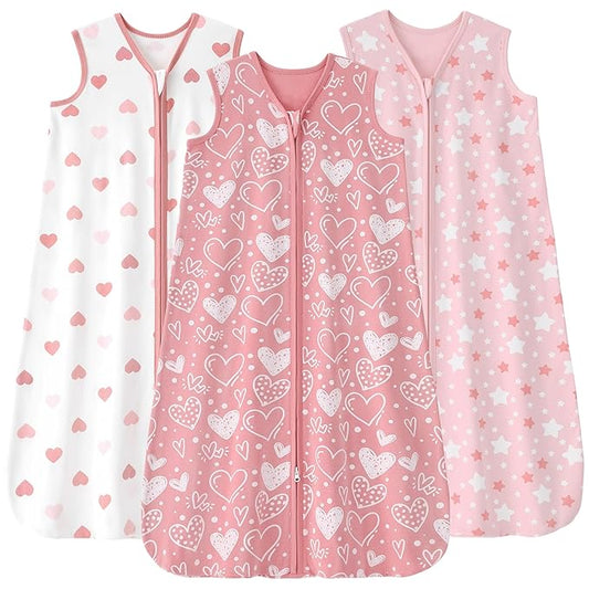 Baby Sleep Sack 12-18 months, 100% Cotton Sleeping Sack for Newborn and Infant, 3 Pack Baby Wearable Blanket for Boy and Girl, 0.5 Tog Lightweight Double Zipper Sleep Bag Pink Heart