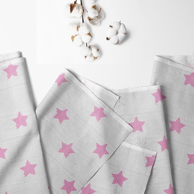 Bacati - Muslin Ikat Stars 4 Piece Girls Toddler Bedding Set 100 Percent Cotton Includes Reversible Comforter, Fitted Sheet, Top Sheet, and Pillow Case (4 pc Toddler Bedding Set, Pink Stars)