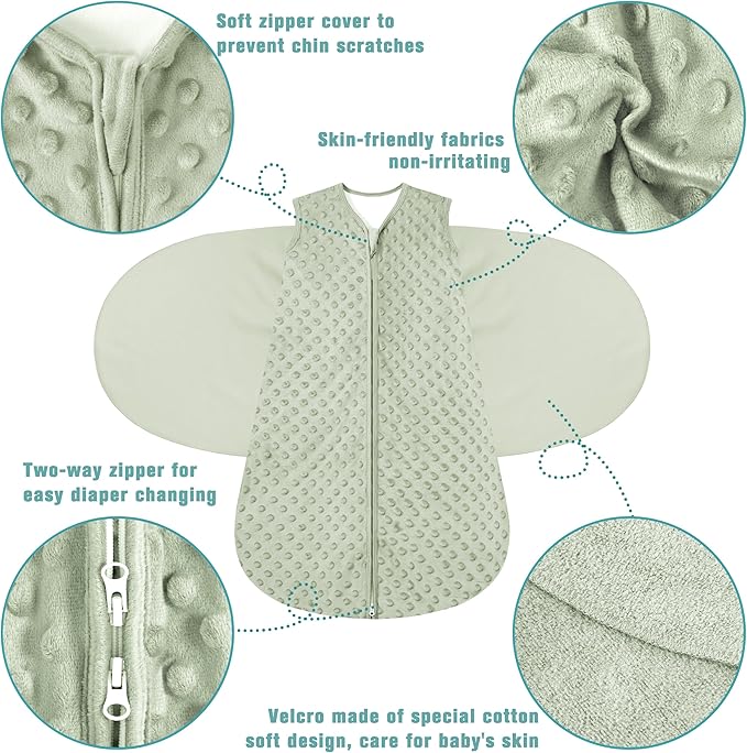 Newborn Sleep Sack Baby Swaddle,0-12 Months,3-Way Adjustable Wearable Blanket,Swaddling Sleeping Bag (Beige & Grass green, 6-12 Months)