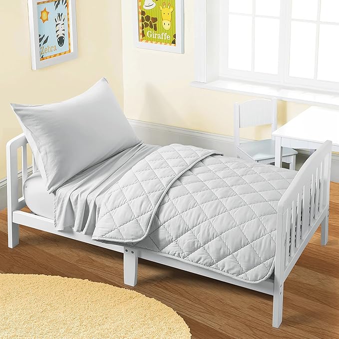 FLXXIE 4 Pieces Toddler Bedding Set, Soft and Breathable Microfiber Crib Sheet Set, Includes Quilted Comforter, Flat Top Sheet, Fitted Sheet, Envelope Pillow Case for Boys and Girls, Light Grey