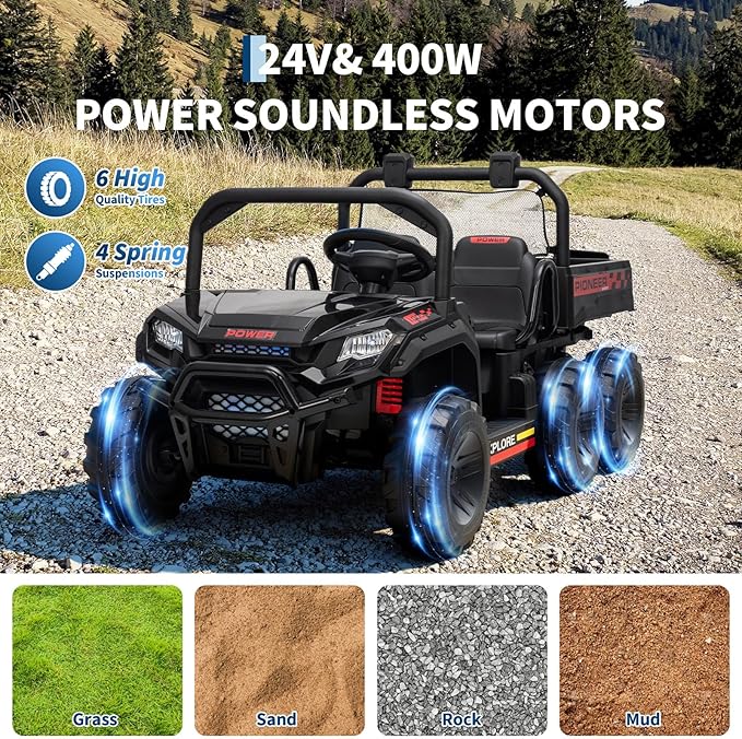 24V 4WD Electric Ride-on Dump Truck for Kids, 2-Seater with Parental Remote Control, 3 Speeds, All-Terrain Off-Road Toy Car for Boys Girls,Black