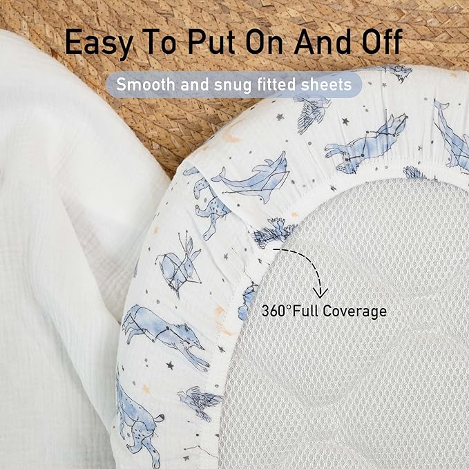Gllquen Baby Muslin Bassinet Sheets 3 Pack, Breathable Elastic Cozy Fitted Cotton Bassinet Mattress Sheet for Baby Boy Girls, Fit for Hourglass Oval Rectangular Cradle Pad Sheets 33"x17" (Star)