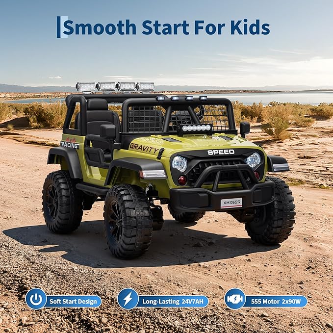24V 2-Seater Kids Electric Truck with Parent Remote Control, 100Min Ride-on Car, 4WD Dual Motor, 2 Speeds, Spring Shock Absorber, LED Headlights, Siblings Gift Kids Electric Vehicle, Green