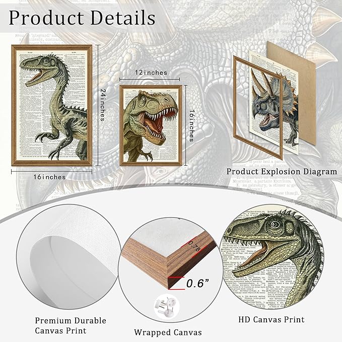 Ovczax 3 Pieces Dinosaur Canvas Wall Art - Tyrannosaurus Rex, Triceratops, Velociraptor Decor For Kids Room Game Room, Living Room, Bedroom 24" x 16"With Framed