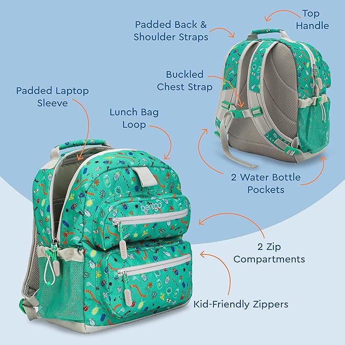 Bentgo Kids Backpack - Lightweight 14” Backpack in Fun Prints for School, Travel, & Daycare, Ideal for Ages 4+, Roomy Interior, Durable & Water-Resistant Fabric, & Loop for Lunch Bag (Bug Buddies)