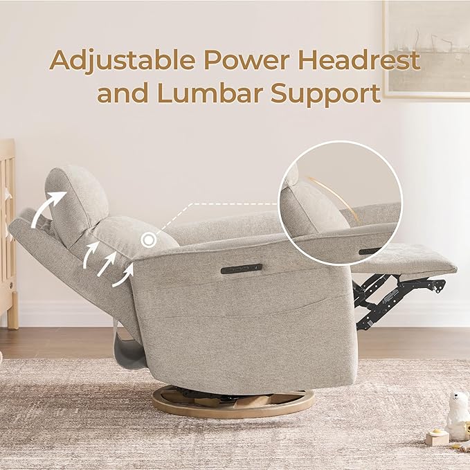 CHITA Power Recliner Chair, Electric Triple-Motor Swivel Glider Nursery Rocking Chair with Adjustable Power Headrest and Lumbar Support, Solid Wood Base, Khaki Grey