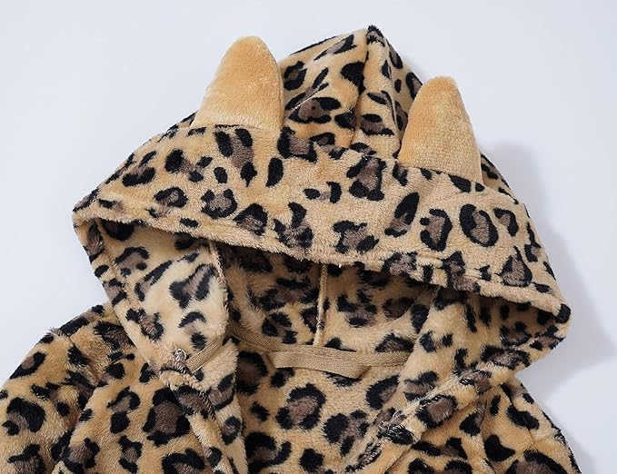 Topgal Leopard Cat Robe for Girls Fleece Toddler Kids Teen Hooded Bathrobe Size 4T-18
