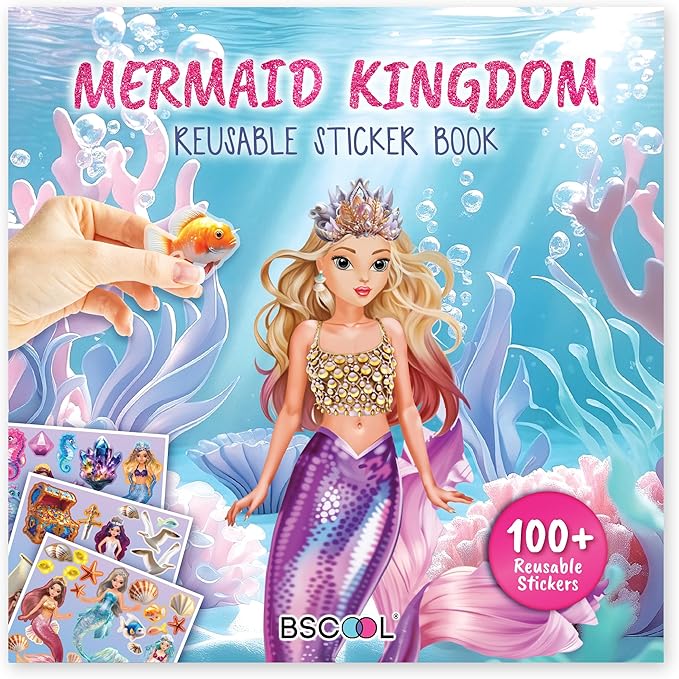 BSCOOL Mermaid Kingdom Reusable Sticker Book, 100+ Stickers, Underwater Fantasy Activity Book - Mermaid Sticker Dress Up for Girls Ages 4-6. Airplane Stickers Book for Toddlers. Christmas Gift