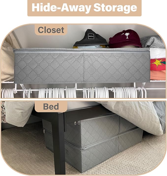 LotFancy Foldable Under Bed Storage Bags, Closet Organizers and storage bins, Clothes Blankets Organizer, with Clear Window and Reinforced Handles, 24” x 16” x 6", Gray, Pack of 2