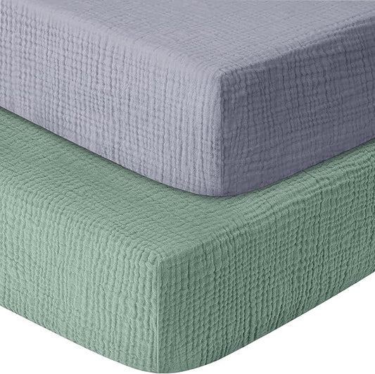 Muslin Crib Sheets for Boys Girls 100% Cotton Fitted Baby Crib Sheet 2 Pack Soft and Breathable for Standard Crib Mattress & Toddler Mattress 52x28in (Gray & Green)