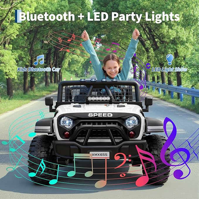 24V 2-Seater Kids Electric Truck with Parent Remote Control, 100Min Ride-on Car, 4WD Dual Motor, 2 Speeds, Spring Shock Absorber, LED Headlights, Siblings Gift Kids Electric Vehicle, White