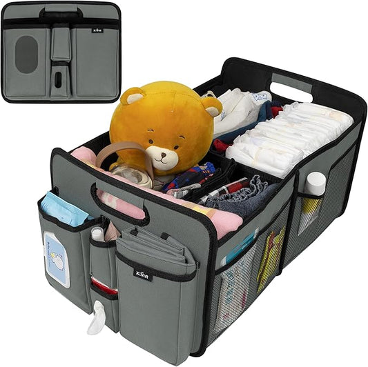 XEVAR Baby Diaper Caddy Organizer with Changing Mat - Portable Car Caddy for Newborn Essentials, Diapers & Wipes, Gift for Baby Shower and New Mom | Oxford Fabric, Grey