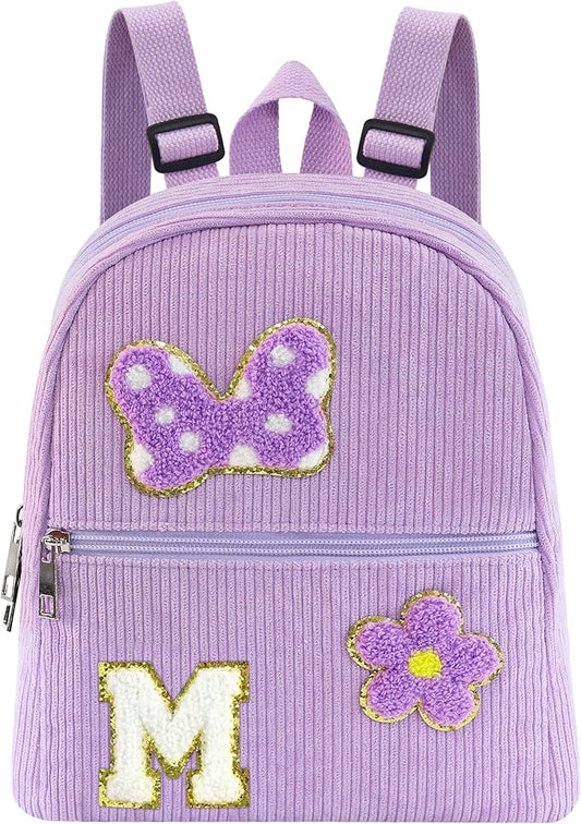 2 3 4 5 6 Year Old Girl Gifts Chenille Initial Mouse Bow Mini Backpack, Corduroy Toddler Backpacks Christmas Birthday Gifts for Girls 2-4 5-6, Purple Mini Diaper Bag Must Haves for Park Travel M