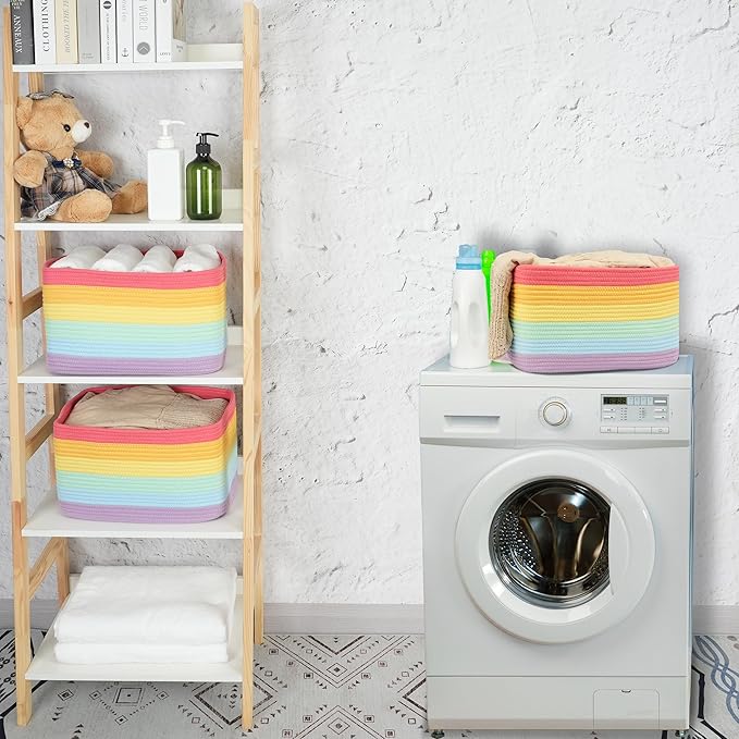 XUANGUO 3-Pack Rainbow Storage Baskets 15X10X9.3“ – Woven Toy Organizer Bins for Kids, Baby Room, Nursery, and Classroom – Cute Square Rope Baskets for Shelves and Organization Rainbow